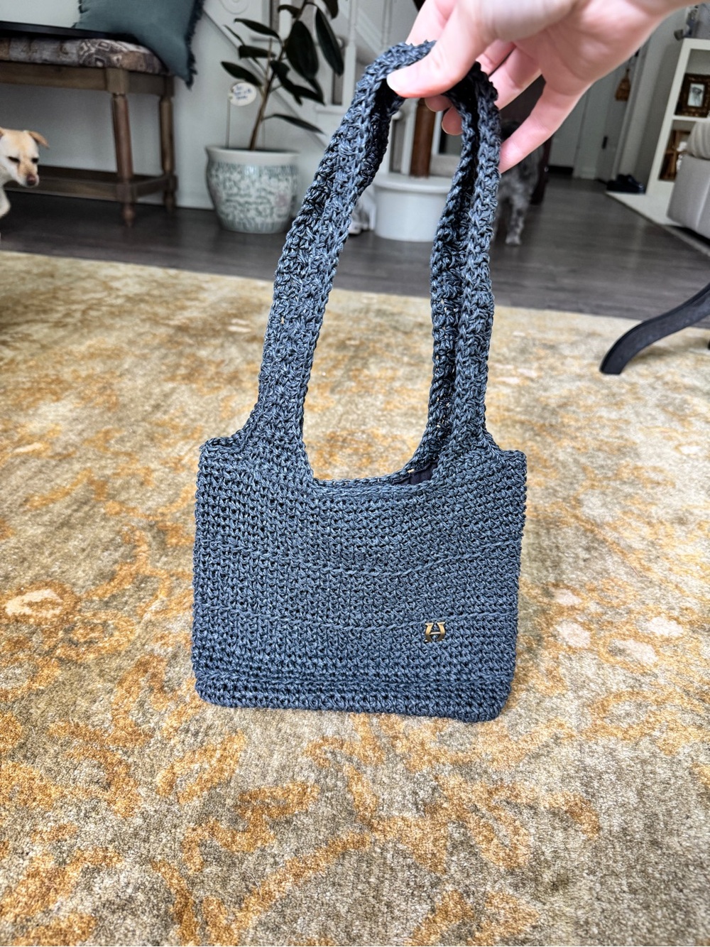 Vintage Etienne Aigner Black Crochet Tote with Gold Accent